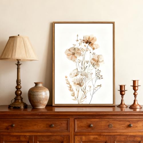 Neutral Watercolor Botanical Wall Art Vintage Floral Canvas Art Prints Orange Flower Plants Picture Minimalist Wall Decor Boho Artwork Framed for Girls Room Bedroom Living Room Decoration, 12x16 Inch - color: Neutral Flowers, size: 16"L x 12"W