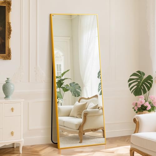 DUMOS Full Length Mirror with Stand 24"x65" Floor Standing Aluminum Frame for Bedroom Body Hanging Leaning Modern Simple Home Decor Shatter-proorf Nano Glass Wall Living Room Cloakroom, Gold - color: Gold-rect Edge, size: 65"L x 24"W