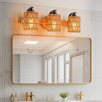Boho Vanity Light Fixtures,Bathroom Lights Over Mirror,Rustic Rattan Wall Sconce with Woven Cage,3-Light Boho Wall Mounted Light Wooden Farmhouse Vanity Lighting for Bedroom Hallway Living Room Foyer - color: Cylinder shade