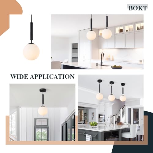 BOKT Mid Century Black Globe Pendant Lights Kitchen Island Industrial Vintage Single Milky White Opal Glass Pendant Light Modern Adjustable Ball Hanging Light Fixtures for Living Room (Black) - color: Black