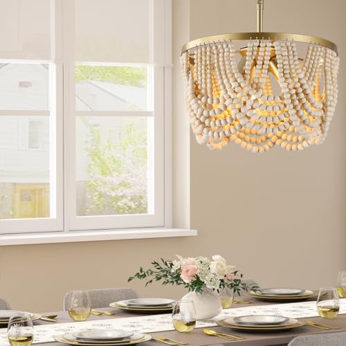 Bohemia Wood Beaded Chandelier, 3-Light Boho Light Fixture, 12.6inch Boho Chandelier Light Fixtures for Dining Room, Bedroom, Living Room, Nursery, Girl Room, Hallway and Entryway, Adjustable Chain - color: Oak-12.6INCH
