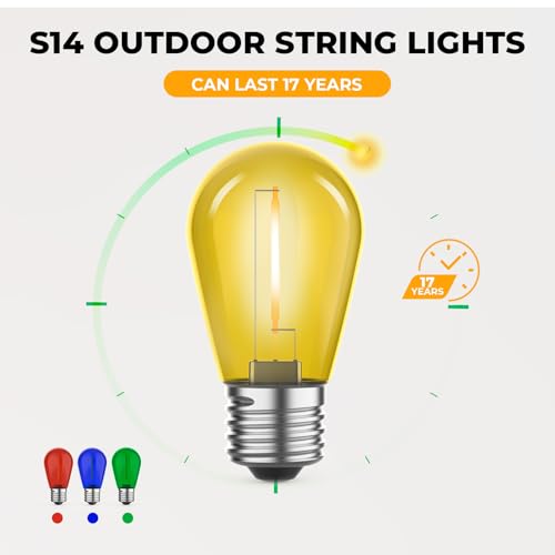 GvvooHome 24 Pack LED S14 Colored Light Bulbs for Outdoor String Lights, Shatterproof 1W Replacement Bulbs for Patio Lights, Dimmable, 2200K Warm White, E26 Base, Multi-Color: Red/Blue/Yellow/Green - color: Multi-colored, size: 24 Pack