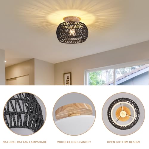 Boho Rattan Ceiling Light Fixture - 3 Style Options Wicker Semi Flush Mount Ceiling Lights,Black Bohemian Woven Basket Chandelier,Coastal Light Fixtures for Hallway Bedroom Nursery Playroom Laundry - color: Black