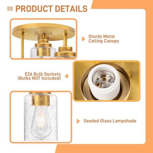 hykolity 3-Light Semi Flush Mount Ceiling Light, 9 Inch Gold Close to Ceiling Light Fixtures with Seeded Glass Shades, Modern Ceiling Lighting for Kitchen, Bedroom, Entryway, Hallway, ETL Listed - color: Gold