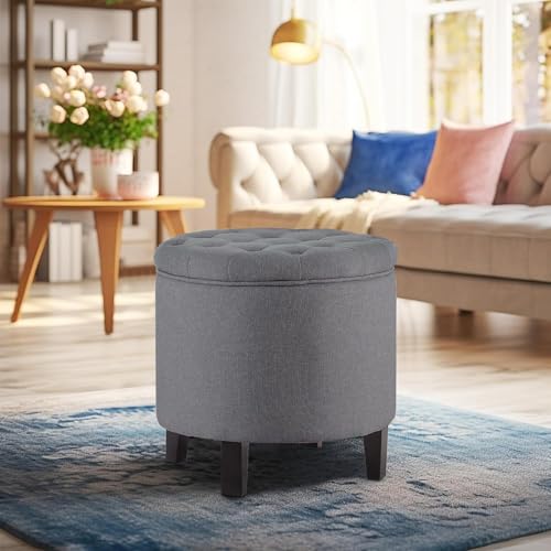 BELLEZE Modern Tufted Accent Storage Ottoman, Small Upholstered Button Circle Pouf Footstool with Lift Top, for Bedroom Living Room Vanity - Gray - color: Grey