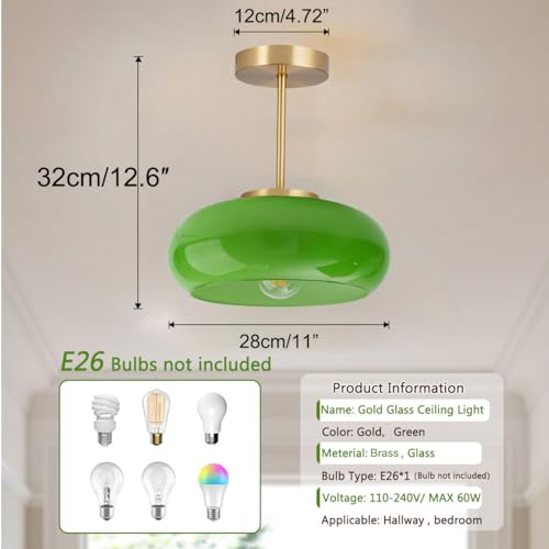 Green Glass Ceiling Light - Mid Century Modern Semi Flush Mount with Green Dome Glass Shade and Gold Brass Finish - Vintage Hallway Light Fixture Hallway Dining Room Kitchen Sink - color: Green