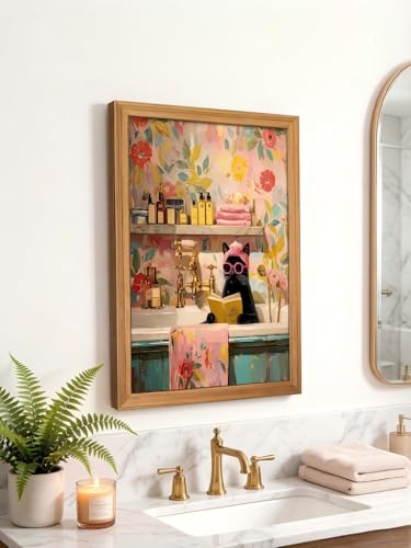 LBTZEVIR Funny Black Cat Bathroom Wall Art Framed Cat Canvas Wall Decoration Painting Pink Wall Art for Bedroom Office Bathroom Wall Decor Aesthetic Home Artwork Girls Room with Framed 12" × 16" - color: Pink Cat, size: 16"L x 12"W