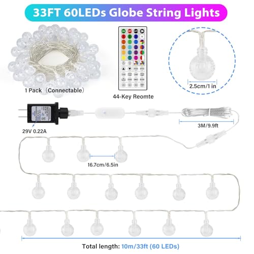 Color Changing String Lights Plug in, 33ft 60LED Connectable Crystal Globe String Light Remote, Decorative Outdoor Twinkle Lights for Girl Gift Bedroom Patio Garden Tent Camp Party Christmas Décor - color: Color Changing, size: 33ft 60LED