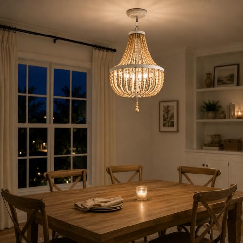 3-Light Mini Bohemian Wood Beaded Chandelier Pendant Boho Light Fixture,Antique Metal Finish Natural Color Wooden Beads, for Bathroom,Living Room,Entryway and Bedroom… - color: White distressed, size: Hardwired-3 Light