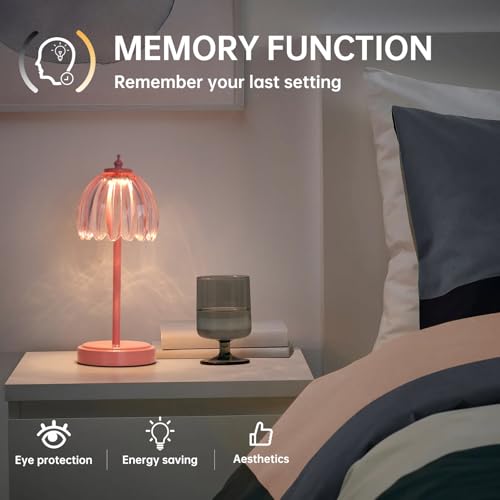 Shenmoyl Rechargeable Table Lamp with 5200mAh Battery & Touch Control - 3 Adjustable Color Temperatures, Cordless Dimmable Table Light for Bedroom, Office Desk, Nightstand (Clear Pink,Pink Base) - color: Pink, size: 1 Pack