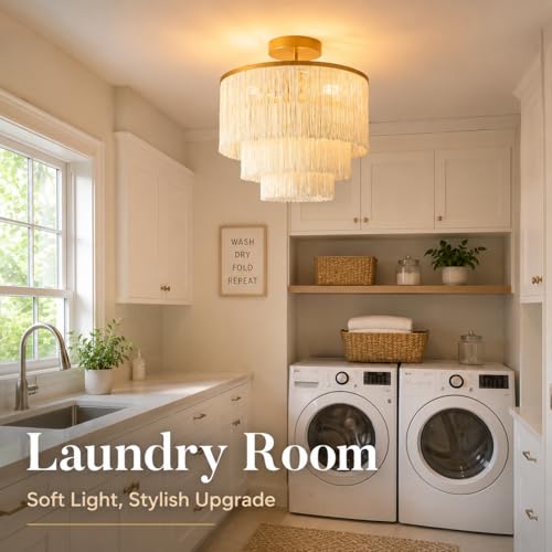 3-Tiered Boho Chandelier with Metal and Fringe,3 Lights Fringe Pendant Light Fixture,Tassle Chandelier for entryway,Dining Room,Baby Nursery,Gold and Light Beige - color: 3-Tiered-Light Yellow