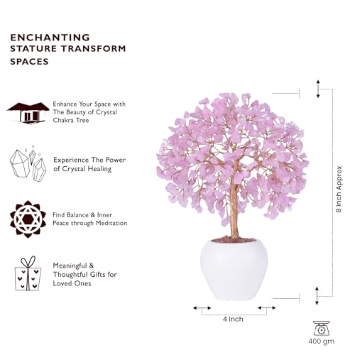 Rose Quartz Stone Chakra Crystal Tree Money Tree Feng Shui Gemstone Tree of Life with Pot Base, Good Luck Tree Christmas Home Office Desk Crystal Decor Ornaments, for Emotional Healing, Heart Chakra - color: Rose Quartz Copper Wire