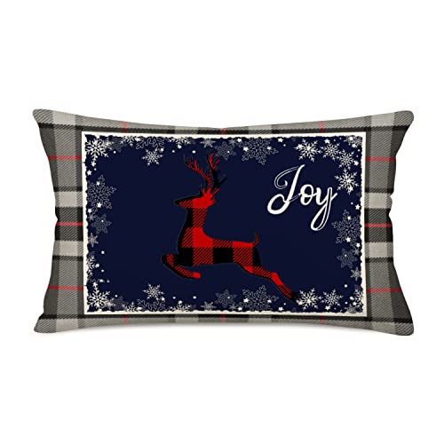 Farmhouse Christmas Red Black Buffalo Plaids Deer Pillow Covers 12x20 Inch Winter Snowflake Joy Holiday Throw Waist Pillow Cases Cotton Linen Seasonal Xmas Cushion Cover - color: Joy Deer Xmas