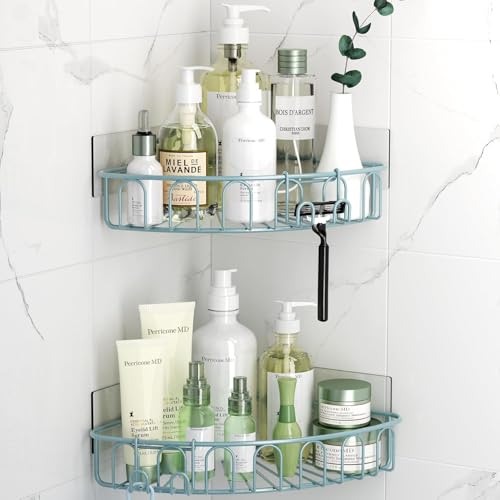 Orimade Corner Shower Caddy with 2 Hooks Wall Mounted Metal Bathroom Shelf Storage Organizer Adhesive No Drilling 2 Pack, Blue Only for 90-Degree Corner - color: Blue