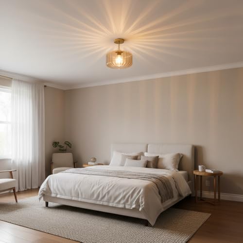 Amber Glass Flush Mount Ceiling Light Fixture, 11.02 Inch Modern Dome Light with Warm Gold Finish for Bedroom, Kitchen, Textured Glass Shade, Easy to Install, 1-Light E26 Socket - color: Amber, 1-Light