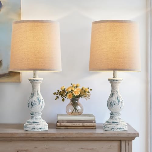Seealle Farmhouse Table Lamps Set of 2 - Rustic Lamp for Bedroom Living Room, 22" Boho Bedside Lamps for Night Stands End Table Office Desk Lamp Nightstand Clearance with Linen Shades(Washed Blue) - color: D. Washed Blue