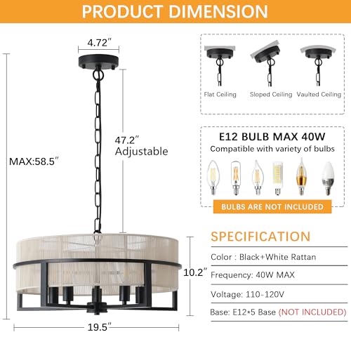 Large Boho Rattan Chandelier,Farmhouse Chandelier for Dining Room Modern Pendant Light Fixture 5-Light Hand Woven Pendant Light Rustic Ceiling - size: 19.5''