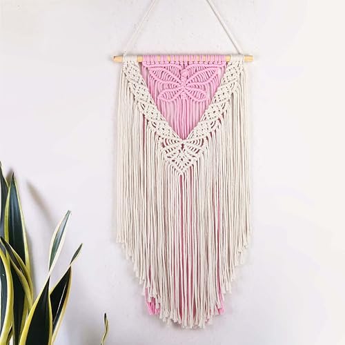 LB Macrame Wall Hanging, Pink Butterfly Tapestry Wall Hanging Decor Boho Art Wall Decor Bohemian Handmade Yarn Macrame Wall Art for Living Room Apartment Office Backdrop,13" W x 25.6" L - color: Beige Pink