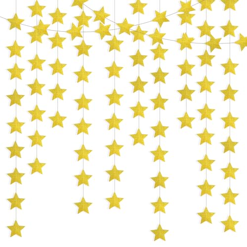 Glitter Gold Iridescent-Star-Garland 90FT – 240 Pcs Sparkling Star Streamers – Hanging Glitter Star Banner Backdrop for Birthday, Baby Shower, Wedding, Christmas Party Decorations (6 Packs) - color: Glitter Gold