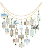 Boho Wall Decor with Photo Hanging Clips, Wooden Beads Garland with Greenery Eucalyptus Decor, Aesthetic Room Essentials for Bedroom, Office Cubicle, Home Wall Decoration