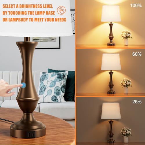 Seealle Upgraded Touch Lamps for Night Stands Set of 2 - Bedside Lamps with USB C+A, 3 Way Dimmable for Bedroom Living Room End Tables Office (White&Brown) - color: E. White Shade & Brown Base, size: Medium（22 In）