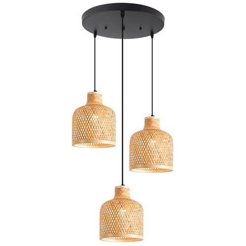 3-Light Bamboo Woven Pendant Light Boho Rattan Hanging Chandelier with Adjustable 59" Cord, Farmhouse Wicker Shade Ceiling Light Fixture for Dining Room Kitchen Island Living Room - color: Natural Wood Color