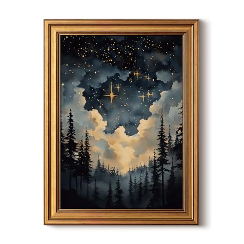 HUARCEY Gold Framed Canvas Wall Art, Celestial Stars Night Picture Decor, Living Room Bedroom Dark Landscape Nature Art, Sky Forest Vintage Canvas Paintings, 12x16inch - color: Celestial Stars Art, size: 16"L x 12"W