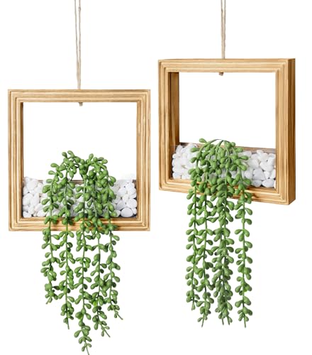 2 Pack Fake Plants Hanging, Artificial Succulents Plants in Square Wooden Frame with Glow Accents, Boho Wall Decor for Office Living Room Bathroom Bedroom Kitchen Indoor Outdoor, Burnt Wood - color: Burnt Wood