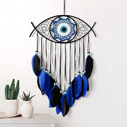 Dremisland Evil Eye Dream Catcher-Blue Black Dream Catchers Handmade Feather Evil Eye Wall Hanging Ornament Home Decor for Bedroom Livingroom Yard, Blessing Craft Gift Bring Good Luck (Blue-Black) - color: Blue-black