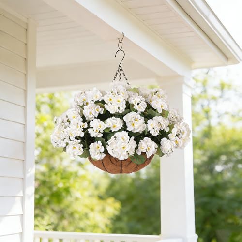 INSPRING Geraniums Artificial Flowers Hanging Basket for Outdoors Outside Spring Decoration, 8 Bundles Silk Flowers Fake Plants Look Real UV Resistant for Porch Home Patio Balcony Yard, White - color: White