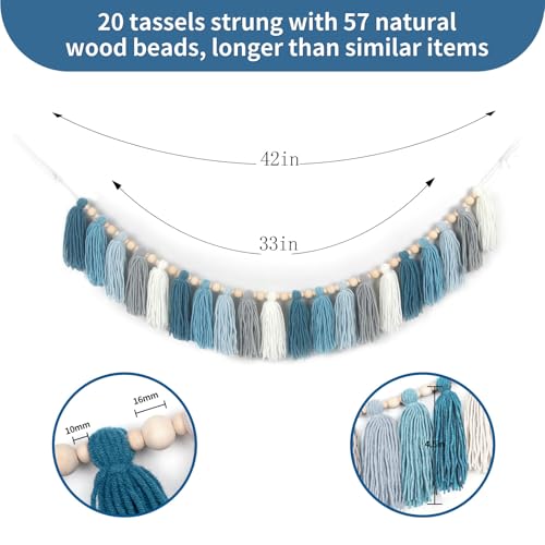 GIAUMA Dusty Blue Yarn Tassel Garland with Wood Beads Boho Bunting Banner Wall Hanging Tassels for Classroom Nursery Room Kids Bedroom Baby Shower Birthday Party Dorm Office Wedding Decor - color: Light Blue
