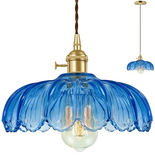 Hardwired Pendant Light Fixture, Hanging Light Fixture, Glass Shade Pendant Light with Rotary Switch, Modern Lamp for Kitchen Island, Bedroom, Dining Room, Living Room (Blue, 6 Ft Cord) - color: Blue, size: 6 ft