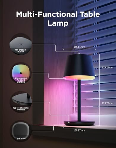 Govee Smart Cordless Table Lamp Classic (No Adapter), RGBIC Rechargeable Table Lamp for Bedroom, Living Room, Portable Desk Lamp Works with Matter, LED Bedside Lamp with 72 Scenes Modes, Timer, 500lm