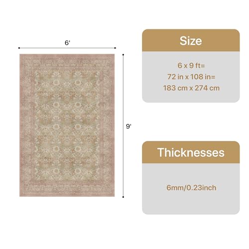 Bavni Vintage Floral Rugs 6x9, Washable Area Rug with Non Slip Backing, Low Pile for Living Room, Nursery,Bedroom & Home Decor, Lightweight Carpet, Brown Pink - color: Brown Pink, size: 6' x 9' (Rectangular)