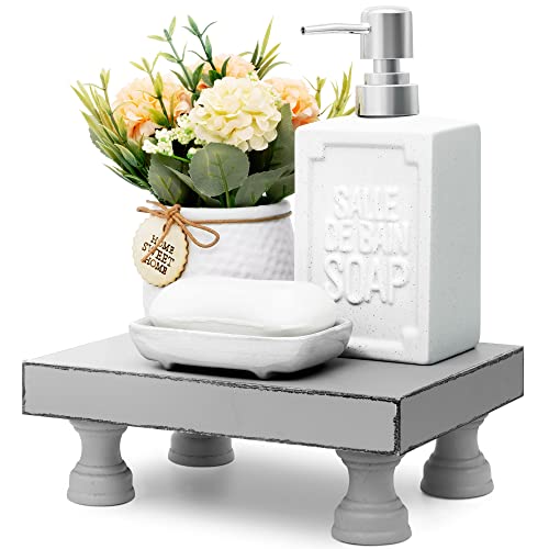 EOSAHR Decorative Wood Riser for Display : Modern Farmhouse Pedestal Stand for Home & Kitchen Decor and Stylish Soap Stand for Sink - Rustic Bathroom Counter Tray and Countertop Organizer (Light Gray) - color: Gray - Paulownia Wood