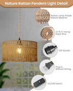 12.6 Inch Boho Hanging Light with Plug in Cord Rattan Hanging Lamp Hand Woven Rattan Wall Lightfor Bedroom, Living Room, Kitchen, Nursery, E26 Base, Indoor,Without Bulb - size: 12.60'' x 6.49''