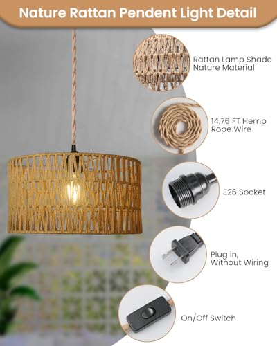 12.6 Inch Boho Hanging Light with Plug in Cord Rattan Hanging Lamp Hand Woven Rattan Wall Lightfor Bedroom, Living Room, Kitchen, Nursery, E26 Base, Indoor,Without Bulb - size: 12.60'' x 6.49''