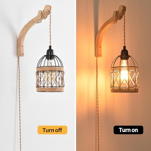 Plug in Wall Sconce,Farmhouse Wicker Wall Lamp Plug in,Hand Woven Rattan Wall Light Farmhouse Rustic Boho Sconces Wall Lighting for Living Room Bedroom - color: Birdcage, size: 1 PACK