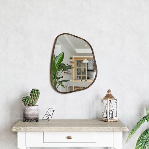 Asymmetrical Accent Mirror for Wall Irregular Oval Wood Frame Modern Unique Wall Mirrors Decorative Boho Vanity Bathroom Living Room Bedroom Entryway Hallway Artistic Wavy Mirror Small 16"x12" - color: Light Tan, size: 16"L x 12"W