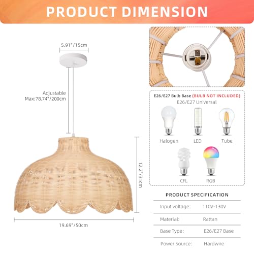 Arturesthome Rattan Pendant Light for Dining Room,19.6" Rattan Chandelier Woven Boho Pendant Light Fixtures Wicker Chandelier for Living Room Hallway Foyer Cafe - size: 19.68"*12.2"