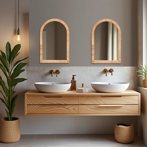 FUIN Boho Rattan Wall Mirror 20×30 Inch Arched Natural Rattan Frame – Farmhouse Bathroom Vanity Mirror – Wicker Decorative Hanging Mirror for Living Room, Bedroom, Entryway - color: Rattan Arched, size: 30"L x 20"W