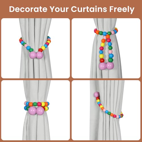 KLOGTSIND Magnetic Curtain Tiebacks, Curtain Tie Backs for Curtains 2 Pack, Wood Bead Curtain Tiebacks, Curtain Holders for Boho Bedroom Decor, Baby Nursery Decor, Farmhouse Décor - color: Multicolor