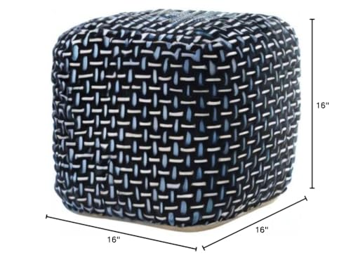 LR Home Hand-Woven Black/White/Blue Geometric Cotton Square Ottoman Pouf for Home Decor | Indoor Foot Rest for Bedroom & Living Room | 16 x 16 x 16 Stuffed Ottoman for Seating - color: Black/Blue/White, size: 16"D x 16"W x 16"H