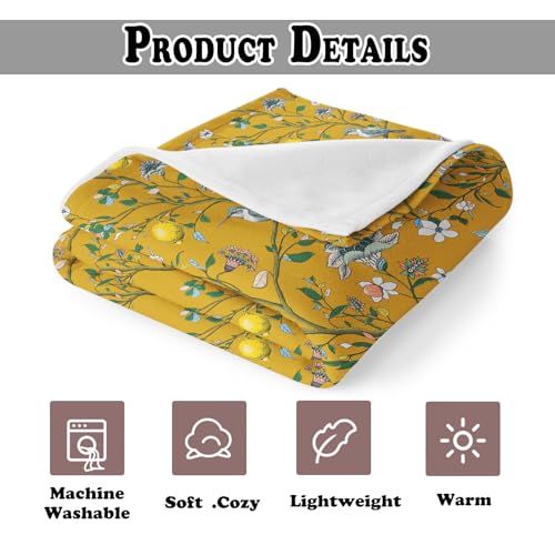 Mustard Yellow Lemon Bird Floral Throw Blanket for Couch, Cottagecore Home Decor, Chinoiserie Hummingbird Botanical Throw Blanket for Bedroom Living Room Home Decoration, 50x60 Inches - color: Color_14