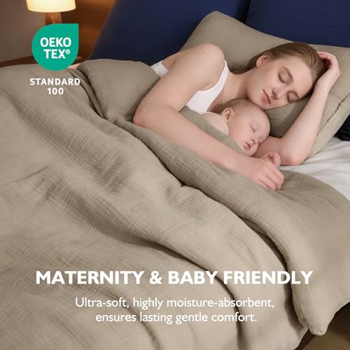 EMME Muslin Cotton Duvet Cover Set Khaki Queen Size Linen Like Soft Breathable Lightweight Summer Comforter Cover Set with Zipper Closure (Khaki, Queen, 90"x90") - color: 09 - Khaki, size: Queen(90"×90")