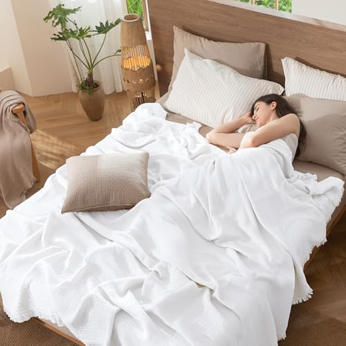 MooMee Muslin Blanket - 100% Cotton 4-Layer Gauze Throw Blanket with All-Around Fringe, Soft Breathable Lightweight Cooling Summer Blankets for Bed Couch (Bright White,Throw XL 50" x 70") - color: Bright White, size: Throw XL