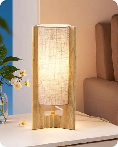 EDISHINE Small Wood Table Lamp, 13.5" Modern Bedside Lamp, Beige Linen Shade, Natural Wood Cylinder Nightstand Lamp for Bedroom Living Room, On-Off Line Switch, E26 Base (Bulb Not Included) - color: Natural Wood Color