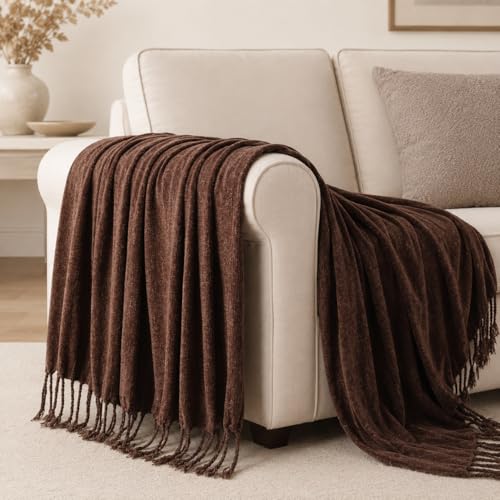 BATTILO HOME Brown Chenille Throw Blanket for Couch, Soft Cozy Textured Knit Throw Blanket with Handmade Fringe Tassels, Lightweight Decorative Farmhouse Blanket for Sofa Bed Chair, 50"x60" - color: Brown
