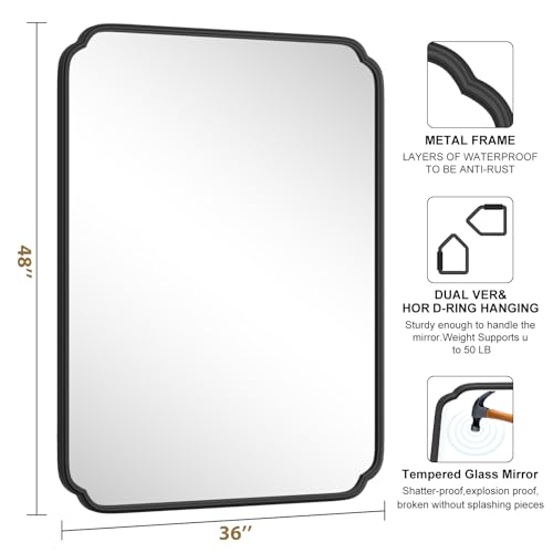Ferytange 36 x 48 Inch Black Bathroom Vanity Mirror for Wall with Non-Rusting Metal Frame Large Rounded Rectangle Mirror for Over Sink (Horizontal/Vertical) - color: Black, size: 48"L x 36"W