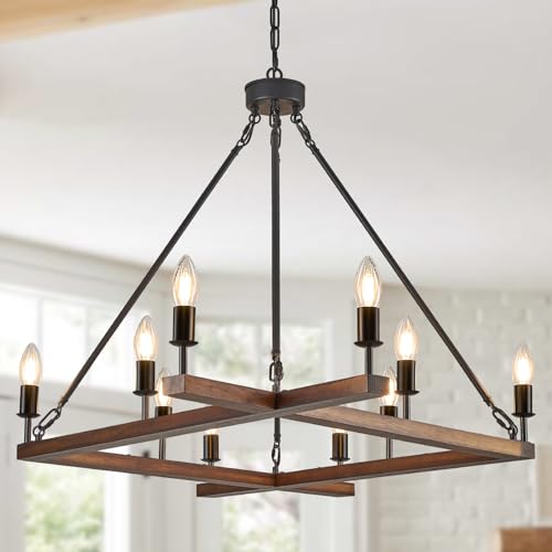 Rustic L53'' Wooden Square Chandelier 10-Light Farmhouse Unique Rectangular Candle Chandelier with White Light Socket for Living Dining Room Foyer Kitchen Bedroom High Ceiling, E12 - color: Walnut, size: 53 inches